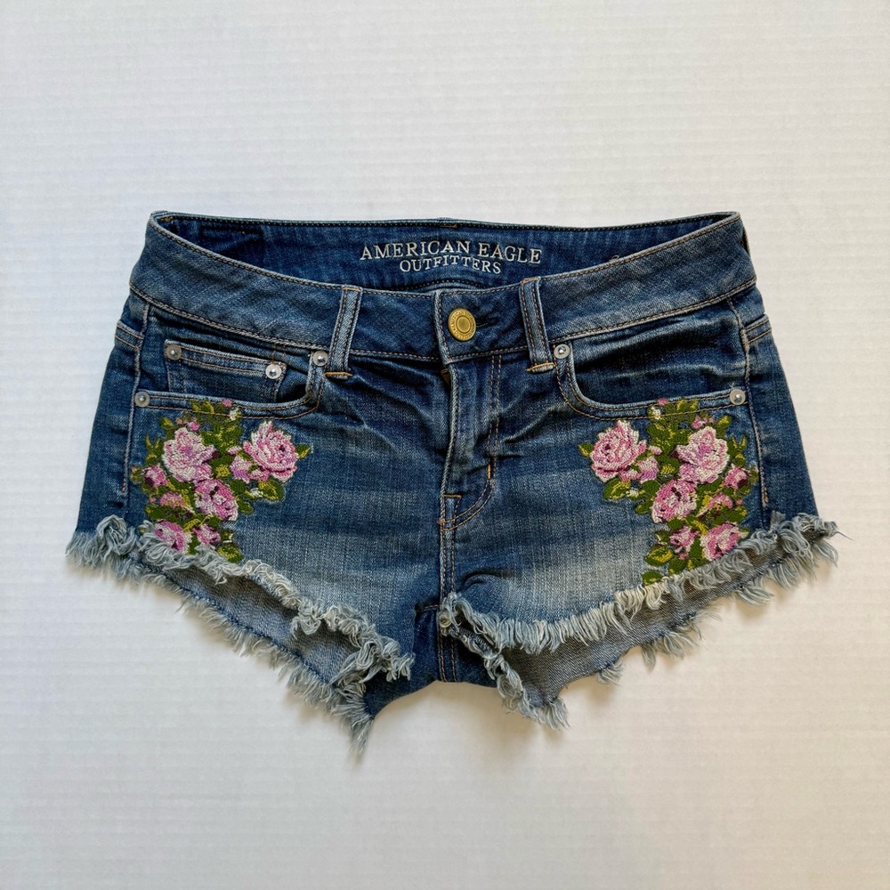 American Eagle Outfitters Blue Jean Shorts with Pink Floral Design